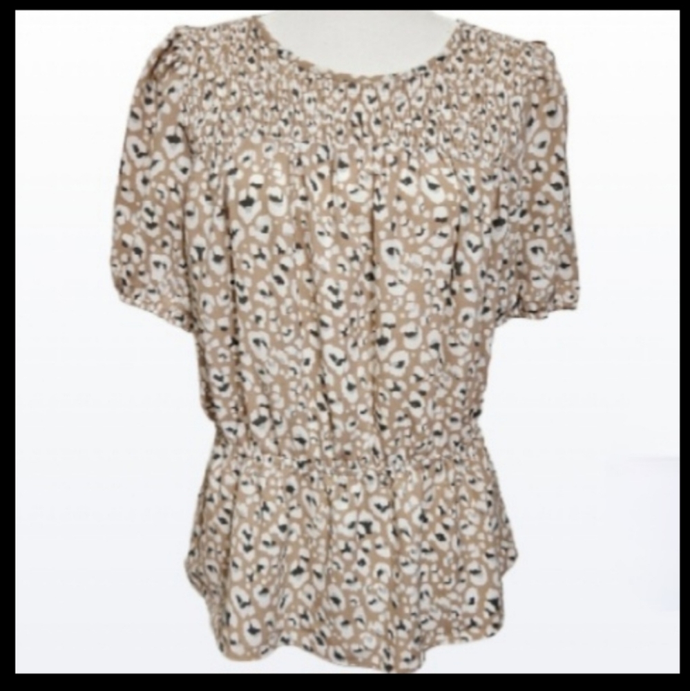 NINE WEST short sleeve smocked shirt blouse top with puffy sleeves, tan Sz Large